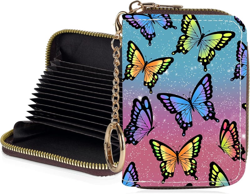Luoycxy Credit Card Holder for Women,Small Rfid Wallet with Keychain Zipper,Cute PU Leather Card Case Wallet，Accordion Credit Card Wallets Gift,Colorful Butterflies - Image 1